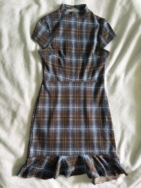 NWT Urban Outfitters Brown and Light Blue Plaid Ruffle-Hem Dress